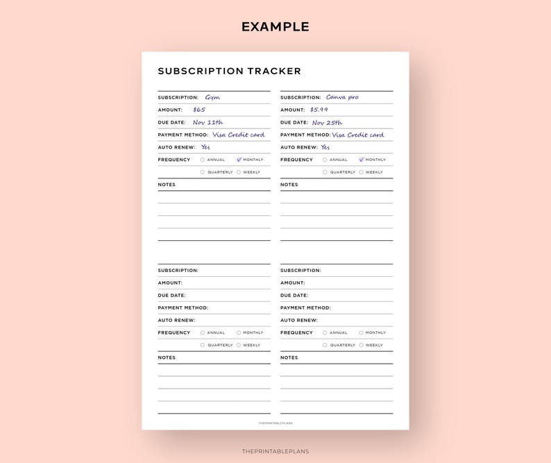 May include: A black and white printable subscription tracker with a section for each subscription. Each section includes fields for the subscription name, amount, due date, payment method, auto renew, frequency, and notes.