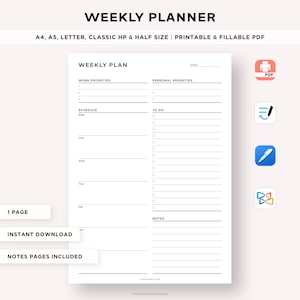Weekly Planner Printable, Weekly Agenda, Personal & Work Planner, Weekly Schedule, Week At a Glance, To Do List, A4/A5/Classic/Letter/Half