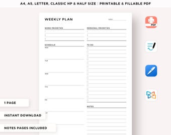 Weekly Planner Printable, Weekly Agenda, Personal & Work Planner, Weekly Schedule, Week At a Glance, To Do List, A4/A5/Classic/Letter/Half