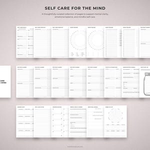 May include: A collection of white, open journals and planners with the text "SELF CARE FOR THE MIND". The pages include sections for goals, checklists, mood trackers, and routine planners. A jar illustration is also visible.
