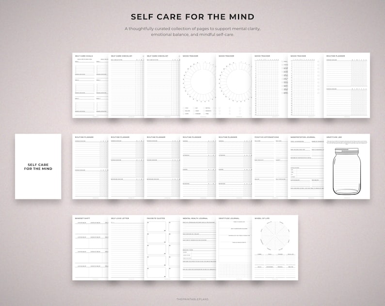 May include: A collection of white, open journals and planners with the text "SELF CARE FOR THE MIND". The pages include sections for goals, checklists, mood trackers, and routine planners. A jar illustration is also visible.