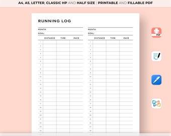 Registro de carrera mensual imprimible, registro de carrera, diario de carrera, registro de entrenamiento cardiovascular, objetivos de fitness, tamaño A4/A5/carta/HP/medio, Goodnotes