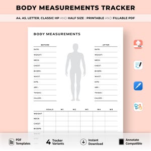 Body Measurements Tracker Printable, Body Transformation Template, Fitness Progress Sheet, Fitness Tracker, Before and After, Health Tracker