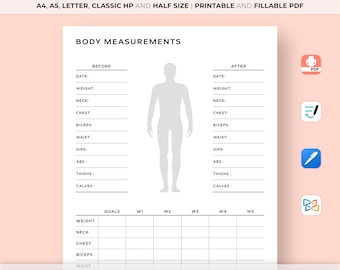 Body Measurements Tracker Printable, Body Transformation Template, Fitness Progress Sheet, Fitness Tracker, Before and After, Health Tracker