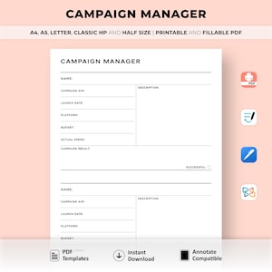 Campaign Manager Printable, Marketing Campaign, Marketing Planner, Campaign Template, Campaign Tracker, Ad Campaign Tracker, Social Media