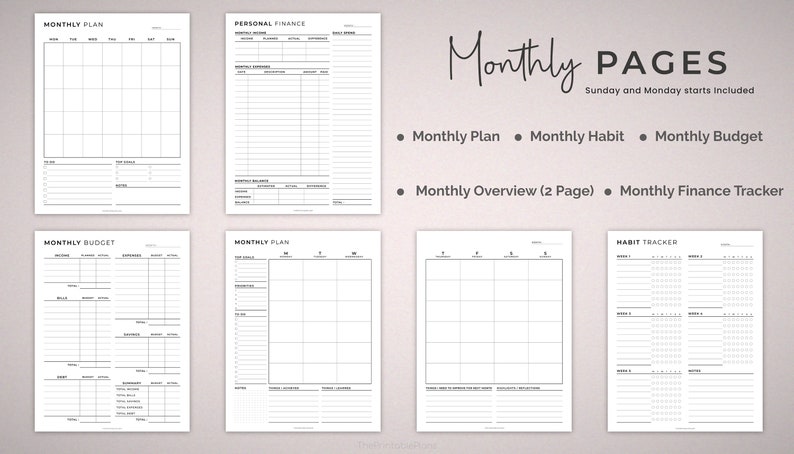 Druckbarer Planer, Personal Planner Bundle, täglich, wöchentlich Monatsplaner, Ziel, Gesundheit, Produktion, Finanzen, POMODORO und Jahreskalender. Bild 3