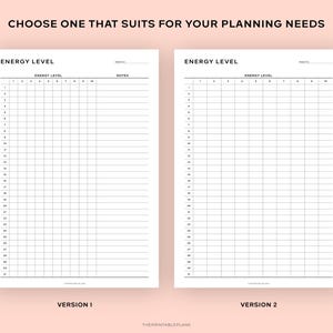 May include: Two printable energy level trackers, Version 1 and Version 2, on white paper. Each tracker has a grid for daily energy levels, labeled 1-10, with space for notes. The text "ENERGY LEVEL" is at the top of each page. The text "CHOOSE ONE THAT SUITS FOR YOUR PLANNING NEEDS" is at the top.