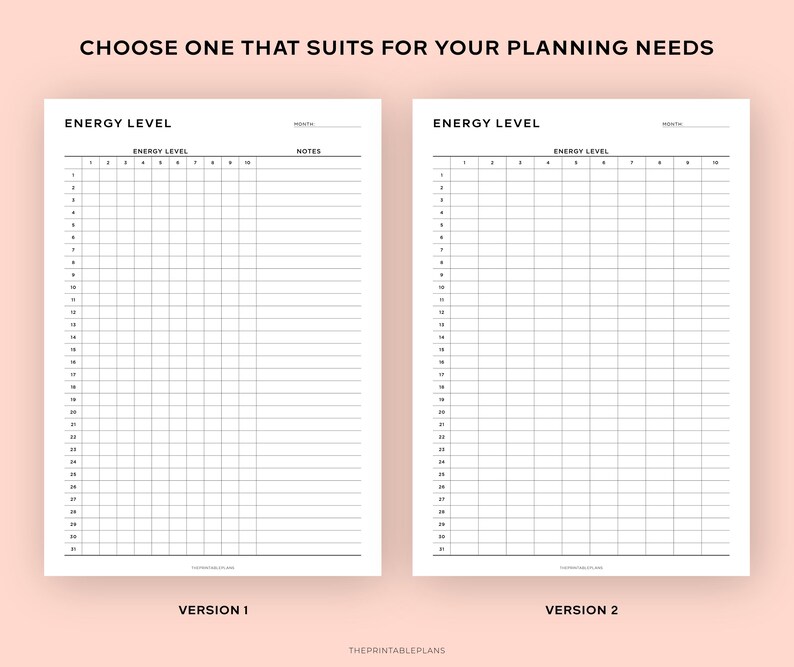 May include: Two printable energy level trackers, Version 1 and Version 2, on white paper. Each tracker has a grid for daily energy levels, labeled 1-10, with space for notes. The text "ENERGY LEVEL" is at the top of each page. The text "CHOOSE ONE THAT SUITS FOR YOUR PLANNING NEEDS" is at the top.