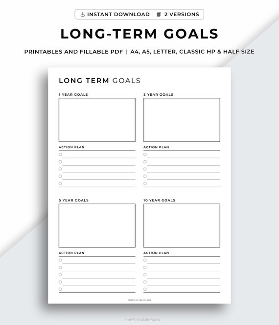 Long Term Goal Planner Printable, Goal setting, Productivity Planner, Goal Tracker, A4/A5/Letter/Classic HP/Half size, Instant Download PDF