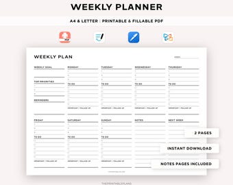 Puede incluir: Un planificador semanal imprimible en blanco y negro con secciones para objetivos semanales, prioridades principales, recordatorios y listas de tareas diarias. El planificador incluye secciones para viernes, sábado, domingo, notas y la próxima semana. El planificador está disponible como PDF descargable.