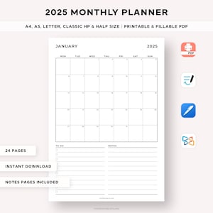 Planificador mensual imprimible 2025, calendario 2025, resumen del mes, organizador mensual, agenda mensual, A4/A5/carta/clásico/medio, PDF rellenable