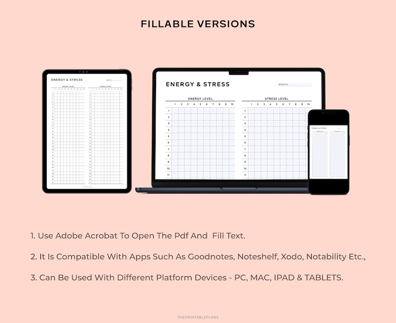 May include: A digital printable planner with a black and white grid layout for tracking energy and stress levels. The planner is shown on a laptop, tablet, and phone screen. The text "ENERGY & STRESS" is at the top of the planner.