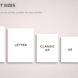 May include: A visual representation of five different paper sizes: A4, Letter, Classic HP, A5, and Half Letter. The sizes are shown as white rectangles with the paper size name printed in black text.