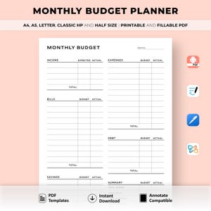 May include: A black and white printable monthly budget planner with sections for income, expenses, bills, debt, savings, and a summary. The planner is designed for use with a PDF editor and includes the text "MONTHLY BUDGET PLANNER" at the top.