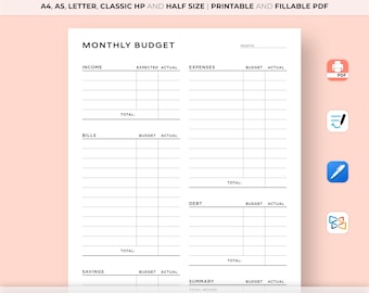 Monthly Budget Planner Printable, Budget Tracker Template, Finance Overview, Expense Tracker, Income Tracker, A4/A5/Letter/Classic/Half Size