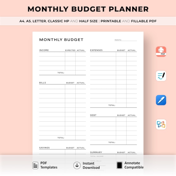 Monthly Budget Planner Printable, Budget Tracker Template, Finance Overview, Expense Tracker, Income Tracker, A4/A5/Letter/Classic/Half Size