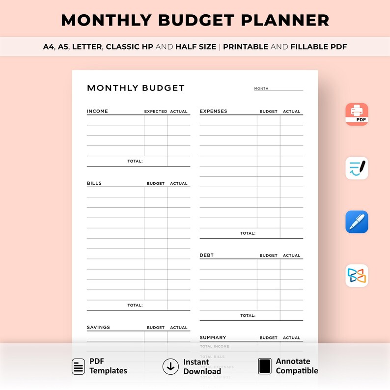 May include: A black and white printable monthly budget planner with sections for income, expenses, bills, debt, savings, and a summary. The planner is designed for use with a PDF editor and includes the text "MONTHLY BUDGET PLANNER" at the top.