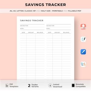 May include: A printable savings tracker with two columns for tracking savings goals. Each column has headings for date, amount, and balance. The tracker is designed for use with a pen or pencil.