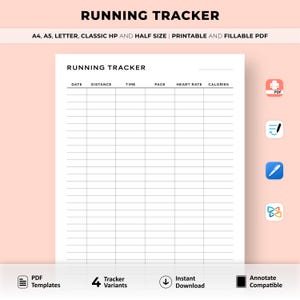 Op de afbeelding: Een printbare hardlooptracker-log met kolommen voor datum, afstand, tijd, tempo, hartslag en calorieën. De tracker is ontworpen voor gebruik met een PDF-editor.