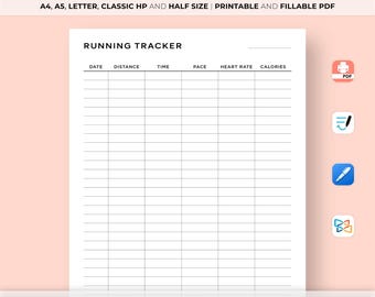 Registro de carrera mensual imprimible, registro de carrera, diario de carrera, registro de entrenamiento cardiovascular, objetivos de fitness, tamaño A4/A5/carta/HP/medio, Goodnotes