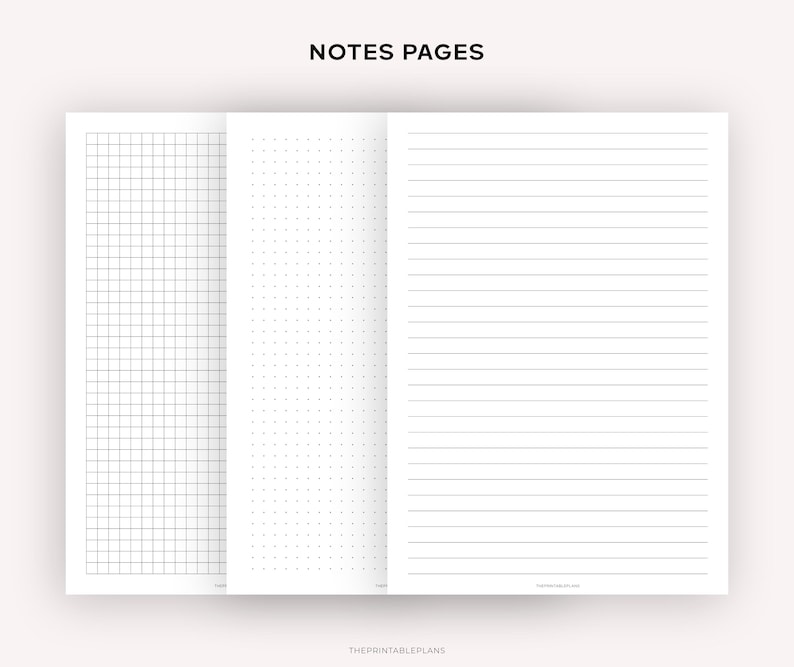 May include: Three printable note pages: a grid, a dotted, and a lined page. The pages are all white with black lines.