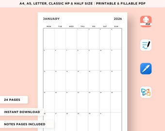 2026 Monthly Calendar Printable, Fillable PDF Planner