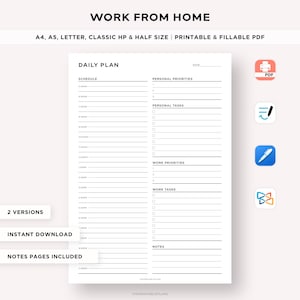 Work From Home Planner Printable, Office organizer, Daily Planner, Productivity Planner, Daily Hourly Planner,A5/A4/Letter/Classic/Half Size