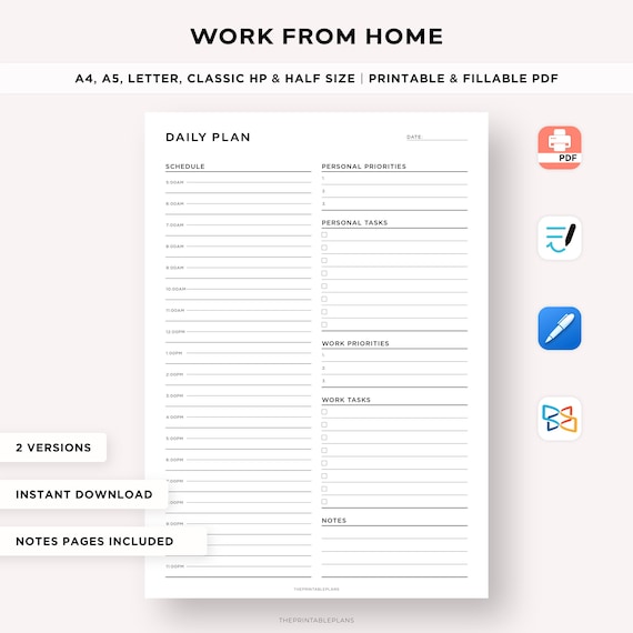 Work From Home Planner Printable, Office organizer, Daily Planner, Productivity Planner, Daily Hourly Planner,A5/A4/Letter/Classic/Half Size