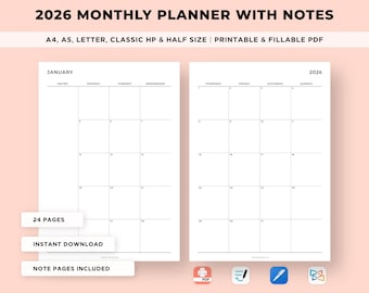 2026 Monthly Planner Printable, 2026 Calendar, Dated Month on 2 Pages, Month at a Glance, Monthly Organizer, A4/A5/Letter/Classic/Half Size
