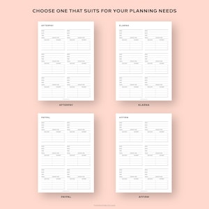 May include: Four printable budget trackers for Afterpay, Klarna, Paypal, and Affirm. Each tracker has columns for date, item, amount due, amount paid, and total. The trackers are black and white and have a minimalist design.