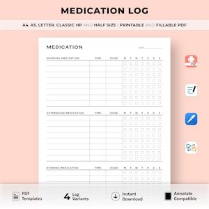 Puede incluir: Plantilla de registro de medicamentos imprimible en blanco y negro. La plantilla incluye secciones para la medicación de la mañana, la tarde y la noche, con columnas para la hora, la dosis y los días de la semana. La plantilla está etiquetada como "Registro de medicamentos" e incluye el texto "A4, A5, Letter, Classic HP y Half Size | Imprimible y rellenable en PDF".