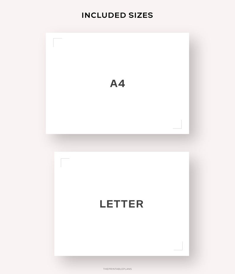 May include: Image showing two white rectangles with black text. The top rectangle says "A4" and the bottom rectangle says "LETTER". The text "INCLUDED SIZES" is at the top of the image.