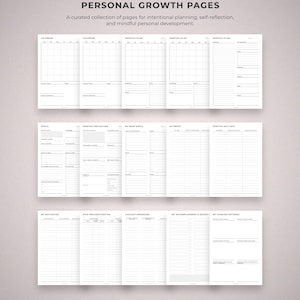 May include: A collection of white personal growth pages with headings like "Calendar," "Monthly Plan," and "Goals." The pages are organized for intentional planning, self-reflection, and mindful personal development. The text "PERSONAL GROWTH PAGES" is at the top.