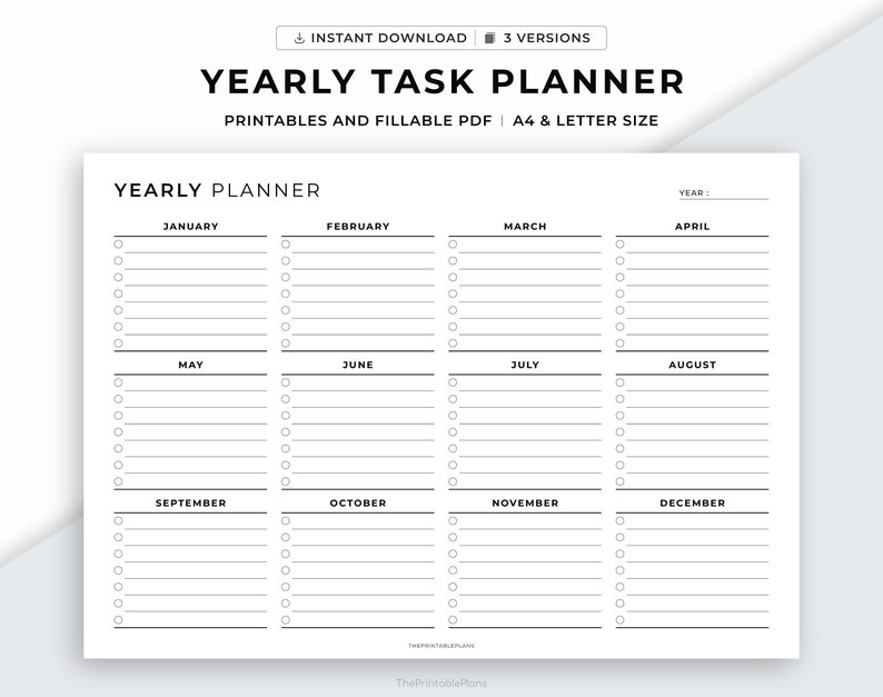 Landscape Yearly Tasks Planner Printable, Yearly to Do List, Minimalist ...