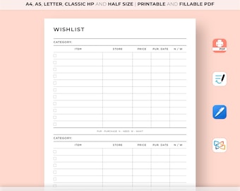 Wishlist Page Printable, Holiday Wishlist Template, Birthday Wishlist, Shopping Wish List, Wishlist sheet, A4/A5/Letter/Classic HP/Half Size