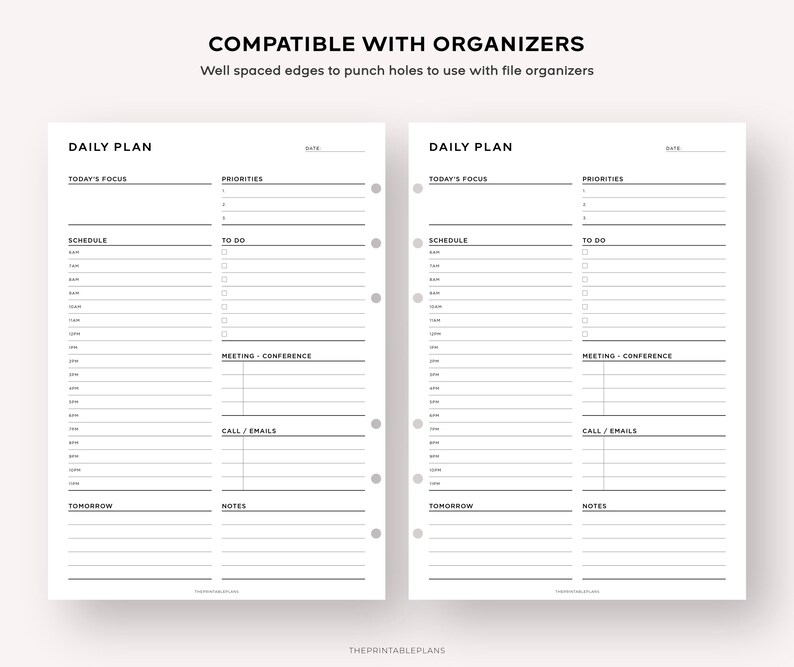 May include: A black and white printable daily planner with two pages. The pages are divided into sections for "Today's Focus", "Priorities", "Schedule", "To Do", "Meeting - Conference", "Call/Emails", "Tomorrow", and "Notes".