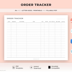 Seguimiento de pedidos en formato horizontal, plantilla de registro de pedidos, seguimiento de ventas, planificador de negocios, libro de pedidos, gestión de pedidos, tamaño A4 y carta