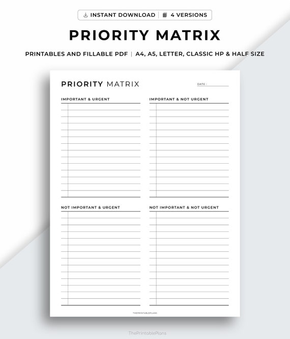 Priority Matrix Printable, Decision Matrix, Eisenhower Matrix, My Priorities Planner, Task Organizer, A4/A5/Letter/Classic HP/Half Size