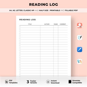Registro de lectura imprimible, rastreador de lectura, libros para leer, libros que he leído, registro de libros, A4/A5/carta/tamaño HP clásico/medio, descarga instantánea en PDF