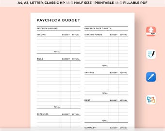 Paycheck Budget Planner Printable, Monthly Budget Planner, Paycheck Budget Overview, Income & Expense Tracker, A4/A5/Letter/HP/Half Size