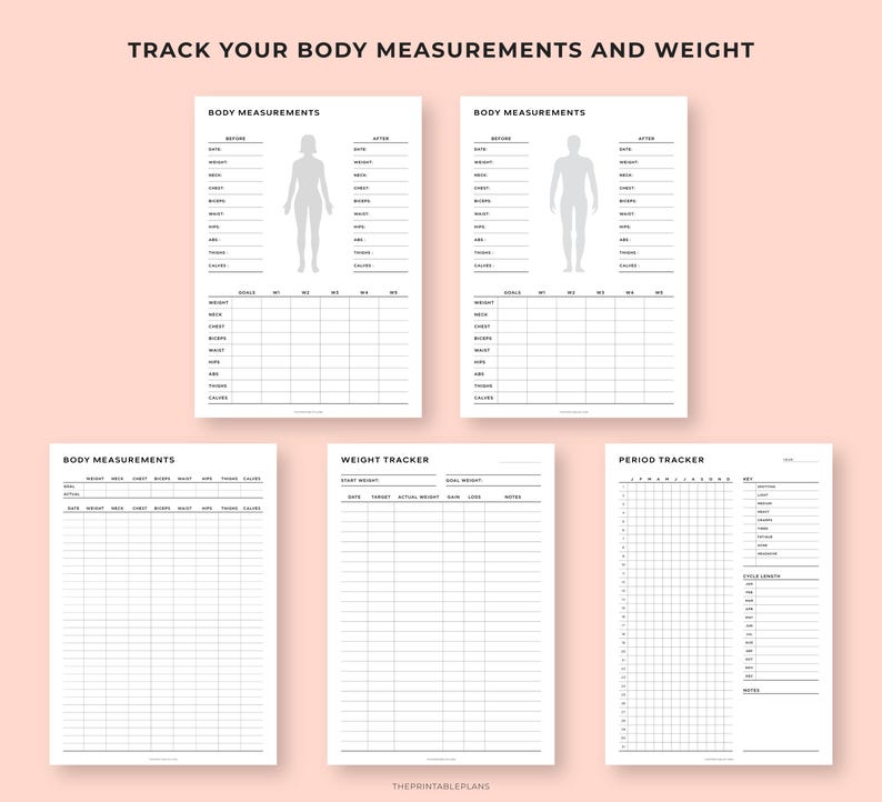 May include: A collection of printable planner pages on a light pink background. The pages include body measurement trackers, a weight tracker, and a period tracker. The text "TRACK YOUR BODY MEASUREMENTS AND WEIGHT" is at the top.
