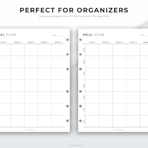 Op de afbeelding: Twee witte maaltijdplansheets met een rasterindeling voor wekelijkse maaltijdplanning. Elke sheet heeft een koptekst met de tekst "MEAL PLAN" en is verdeeld in dagen van de week en weken van de maand. De tekst "PERFECT FOR ORGANIZERS" staat bovenaan.