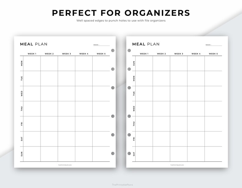 Op de afbeelding: Twee witte maaltijdplansheets met een rasterindeling voor wekelijkse maaltijdplanning. Elke sheet heeft een koptekst met de tekst "MEAL PLAN" en is verdeeld in dagen van de week en weken van de maand. De tekst "PERFECT FOR ORGANIZERS" staat bovenaan.