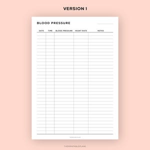May include: A printable blood pressure log with columns for date, time, blood pressure, heart rate, and notes.