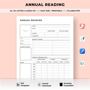 Moniteur de lecture annuel, agenda d'objectifs de lecture, liste de livres, journal de lecture, outil de suivi de lecture, A4/A5/Lettre/Classique HP/demi-format, PDF imprimable