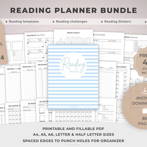 Reading Planner Bundle Printable, Reading Journal, Reading Challenges, Sticker, Reading Log, Book Review, Goals, A4,A5,A6,Letter,Half letter