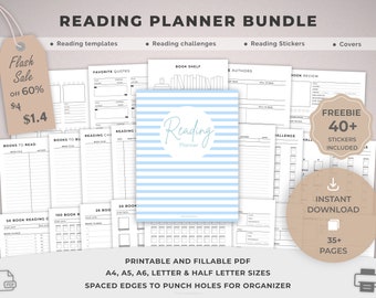 Reading Planner Bundle Printable, Reading Journal, Reading Challenges, Sticker, Reading Log, Book Review, Goals, A4,A5,A6,Letter,Half letter