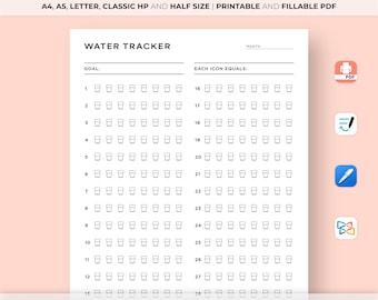 Monthly Water Tracker Printable, 31 Day Water Challenge, Water Log, Hydration Tracker, Water İntake, A4/A5/Letter/Classic HP/Half Size