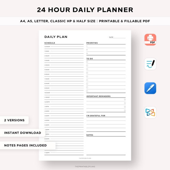 24 Hour Daily Planner Printable, Hourly Planner, Productivity Planner, Daily Agenda, To Do List, Goodnotes pdf, Workday schedule, A5 inserts