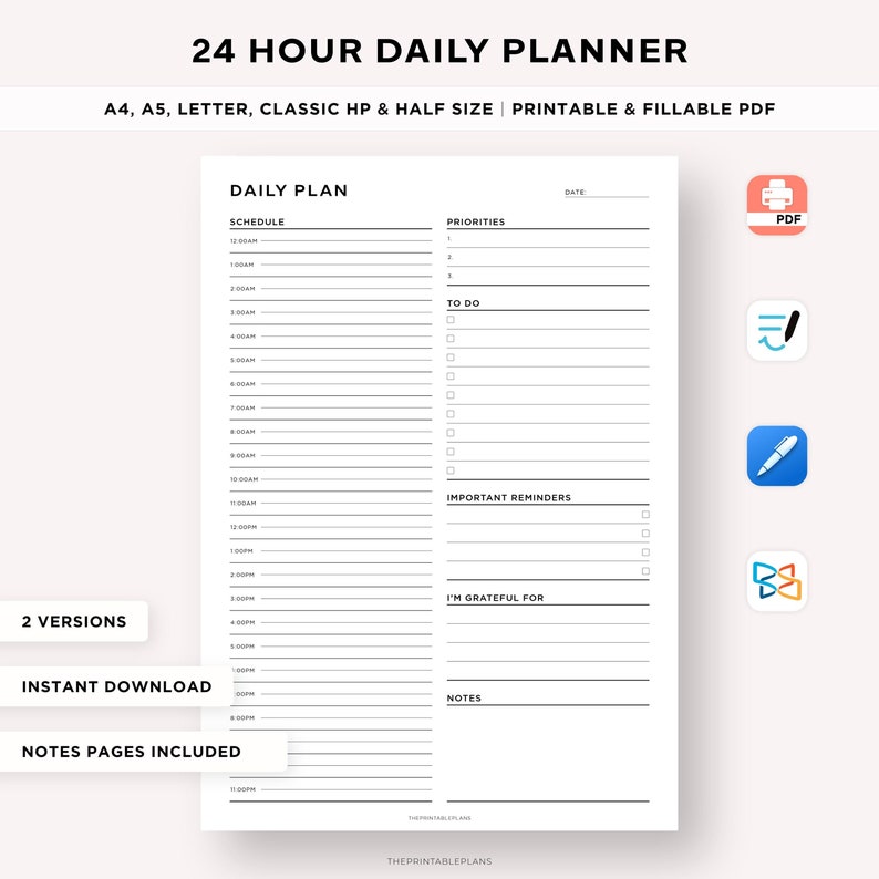 Puede incluir: Un planificador diario imprimible en blanco y negro con un horario de 24 horas, secciones para prioridades, lista de tareas, recordatorios importantes y notas. El planificador est&aacute; disponible en dos versiones e incluye p&aacute;ginas de notas.
